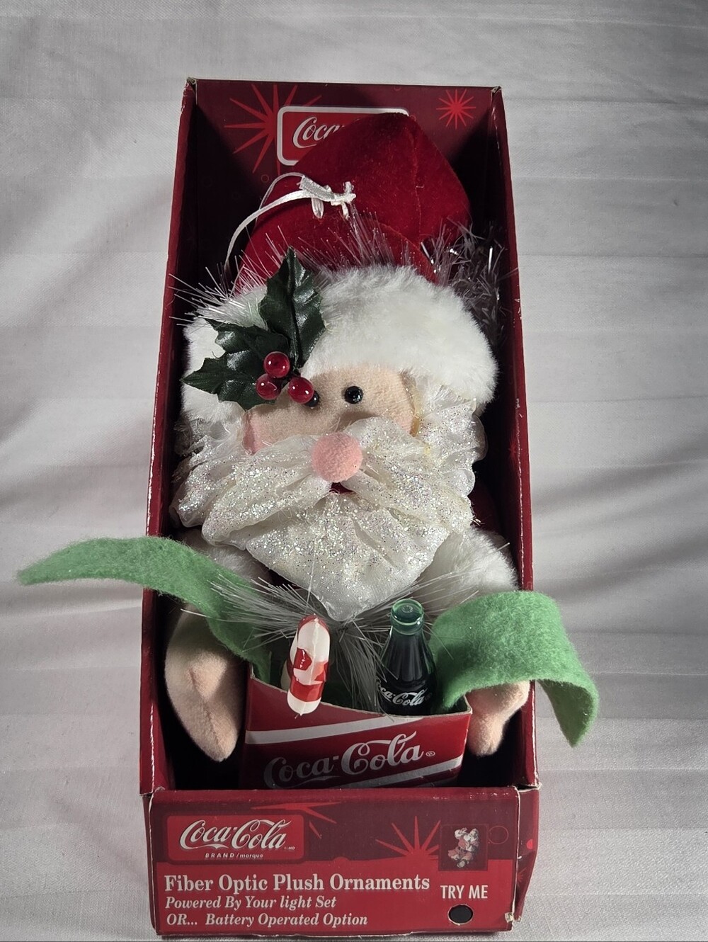 Coca-Cola Fiber Optic Santa Claus w/Candy Cane & Bottle Plush 9" Ornament